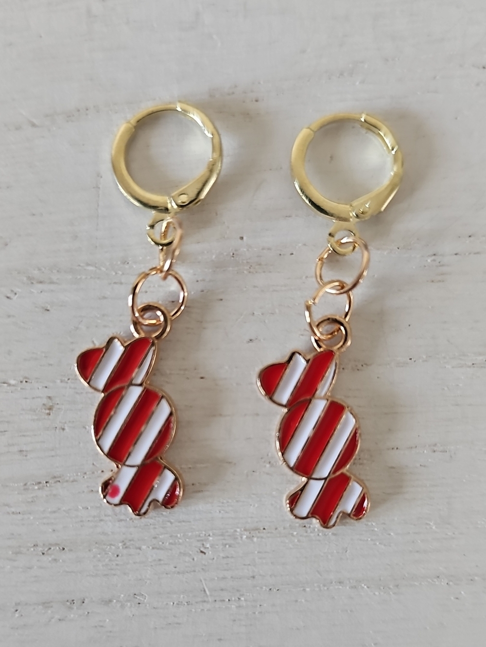 Gold-Tone Red & White Striped Peppermint Candy Earrings